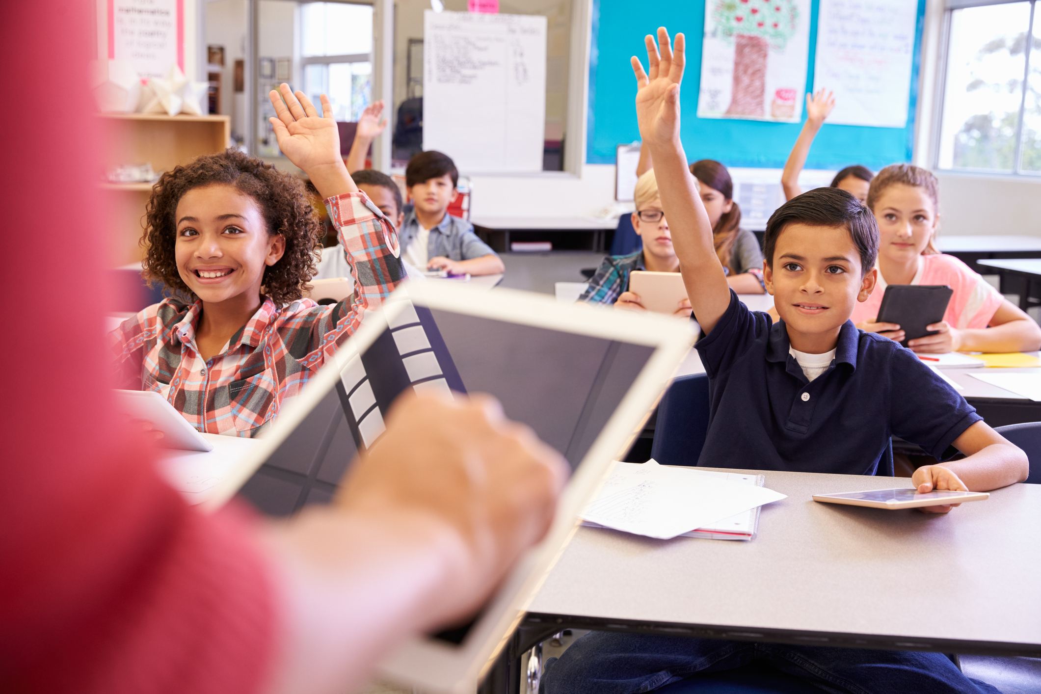 Students raise hands in class